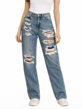 American Eagle Jeans Mom Straight Leg distressed plaid under hole SZ 24" FLAWED